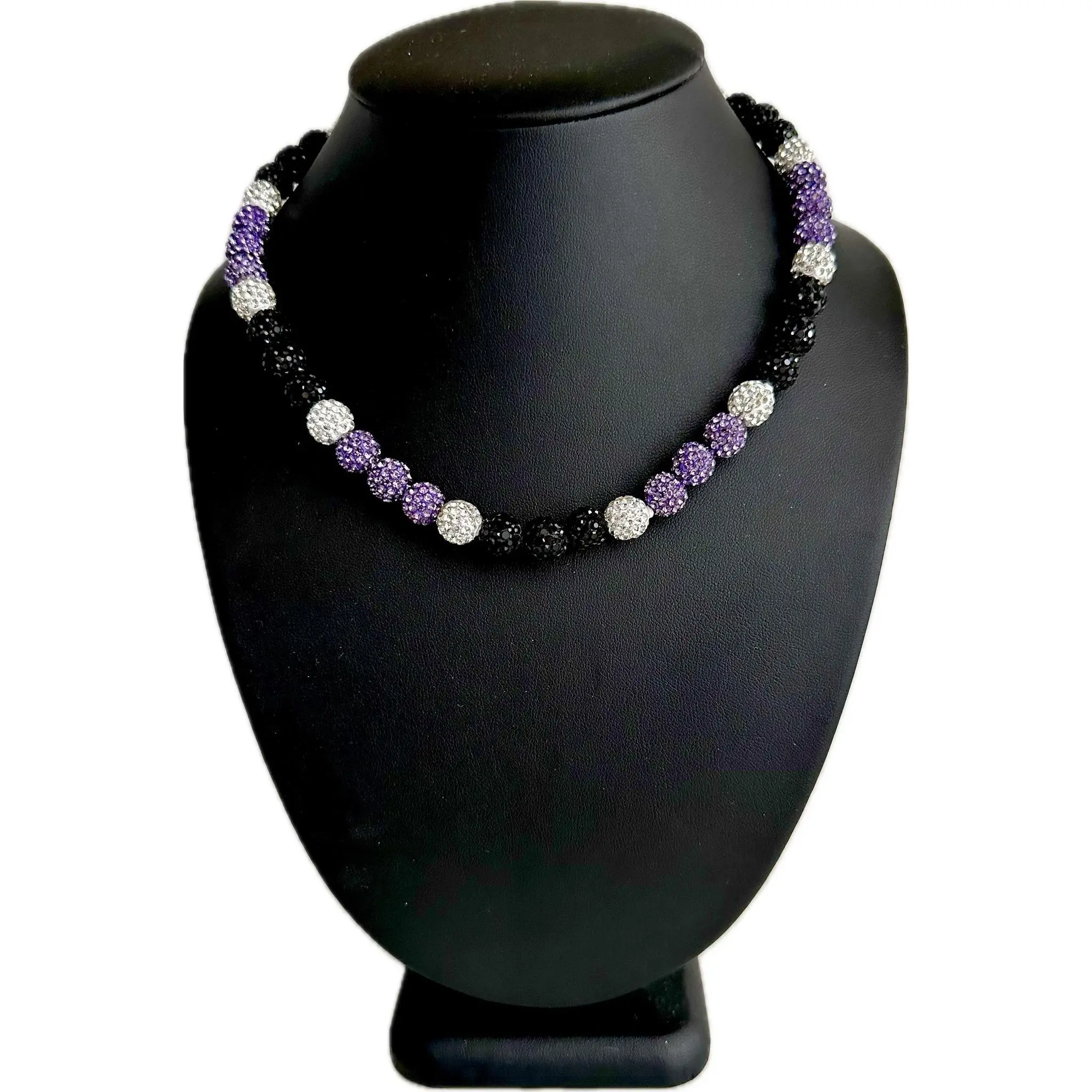 Iced Bling Disco Ball Rhinestone Crystal Bead Baseball Necklace Purple Black White
