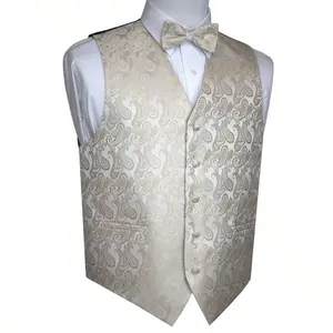 Sizes XS To 6XL Men's 3-Piece Tuxedo Vest Set – Jacquard Waistcoat With Paisley Floral Pattern With Bow Tie And Pocket Square For Wedding, Prom, Formal Events
