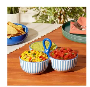 Bamboo Melamine Triple Condiment Server, Blue Stripe