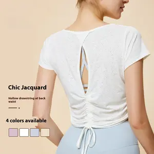 ZUNKOU QJB2025 New Yoga Shirt Short Sleeve Women Hollow Out Beautiful Back Drawstring Ruched Breathable Outdoor Sports Running Fitness Shirt Top T sakura  pink coquette halloween personalized  tshirts softball  apparel Machine Washable Polyester T-Shirt