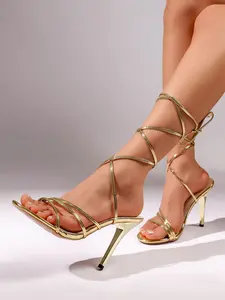 Summer Fashion Single Strap Fine Heel Elegant Women's High Heeled Sandals, Stylish Female Footwear, Elegant Fashionable Sandals, PU Leather Sandals