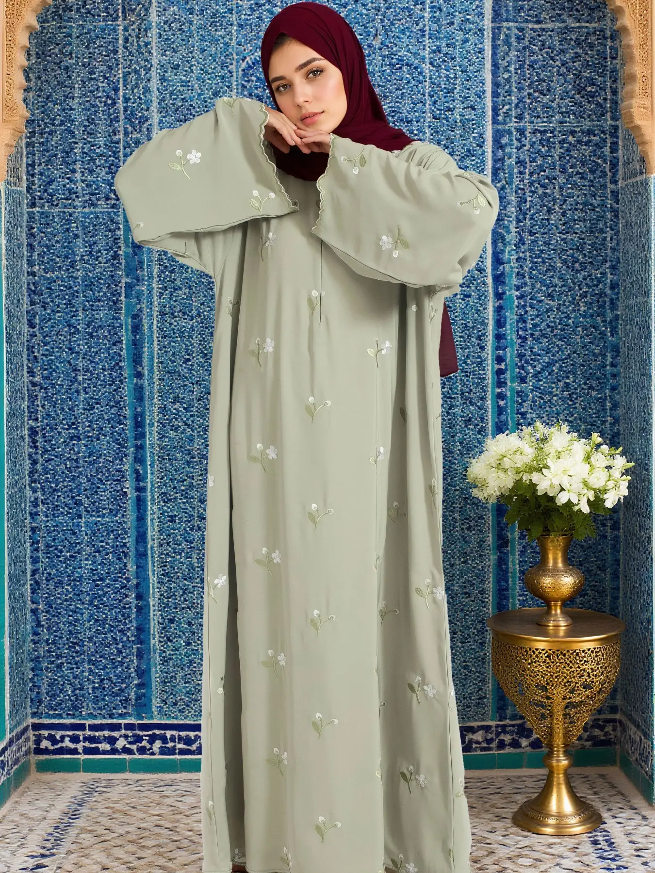 Women's Floral Embroidery Long Sleeve Dress, Elegant Dress for Beach Holiday Vacation, Ladies Islamic Clothing for All Seasons