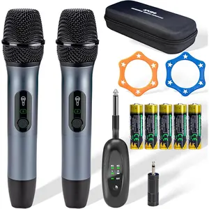 Microphone Set for Singing, Speech & Karaoke, 2.4GHz -Mic Receiver, 200ft, Storage Bag Included, Metal Cordless Mic 2 Pack for Karaoke Machines, PA Systems, PartyBox, Gray-Blue