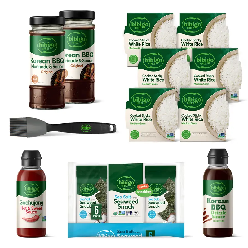 bibigo Korean BBQ-Inspired Bundle with Sticky White Rice, Flavorful Korean BBQ Marinade, KBBQ Drizzle, Gochujang Sweet & Spicey Sauce and Crispy Seaweed | Food Meals Cooking Essentials Sweet Spicy Flavor