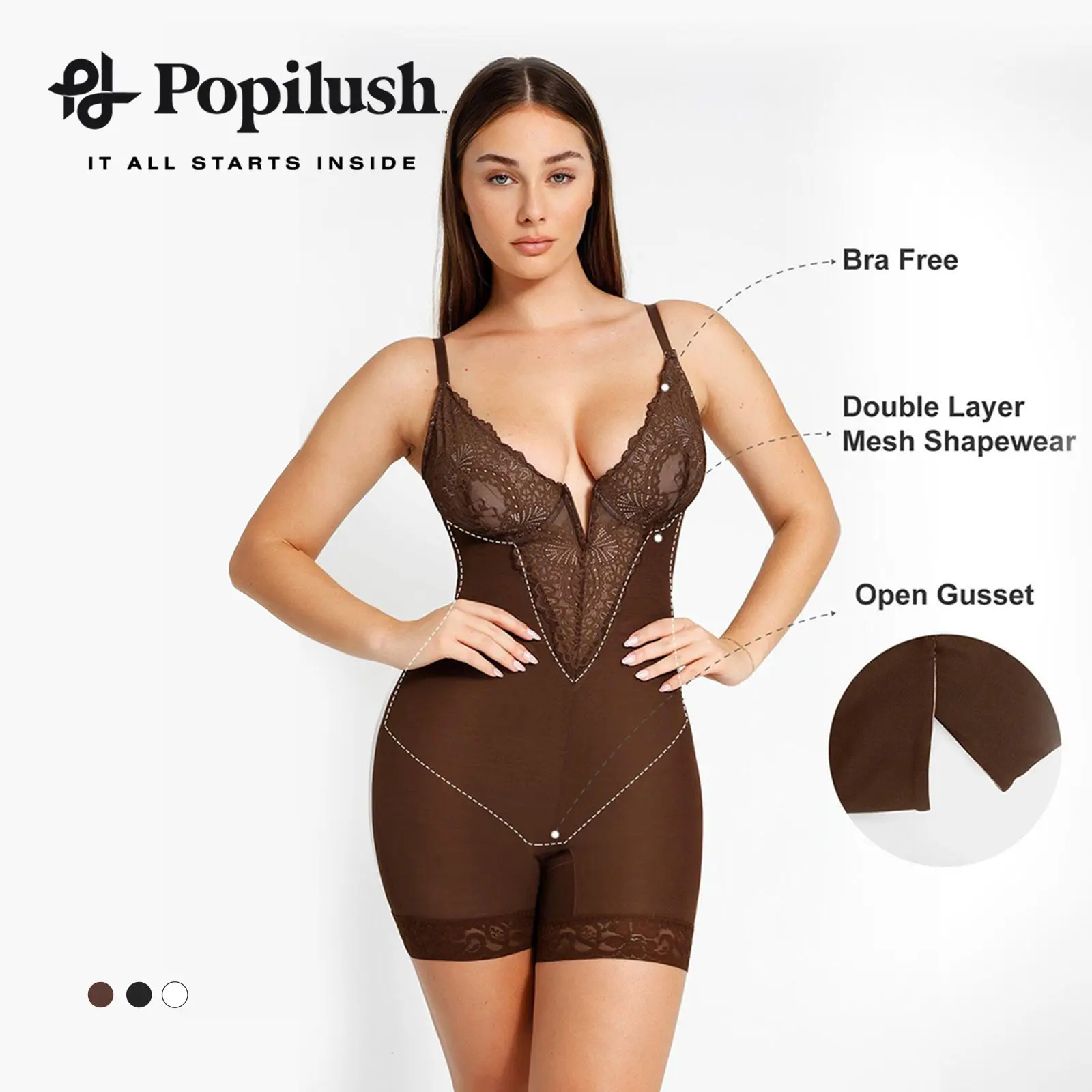 Popilush The Shapewear Bodysuit Lace Deep-V Neck Shorts Bodysuits Mesh Womenswear Tops Comfort Breathable Adjustable-Creator Live