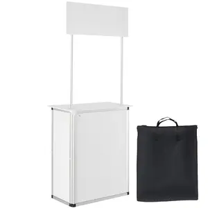 Promotion Counter Table, Portable Tradeshow Podium Table, 30.91 x 14.96 x 71.46 Inches, Exhibition Display Counter Stand for Booths, Wall-Supported Pop Up Podium with Storage Rack and Carrying Bag