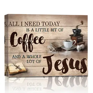 1 Piece Vintage Style "Coffee and Jesus" Canvas Wall Art with Rustic Wooden Background - Pine Frame, Inspirational Quote Decoration for Living Room, Bedroom, Kitchen, Dining Area|Coffee-themed Decoration|Canvas Printing, Vintage Letters Print