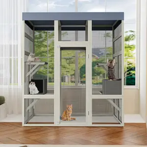 Large Outdoor Cat Enclosure 70 Tall Wooden Catio with Waterproof Roof Multi Level Platforms Two Cozy Napping Houses Secure Lock Easy Clean for Backyard Patio