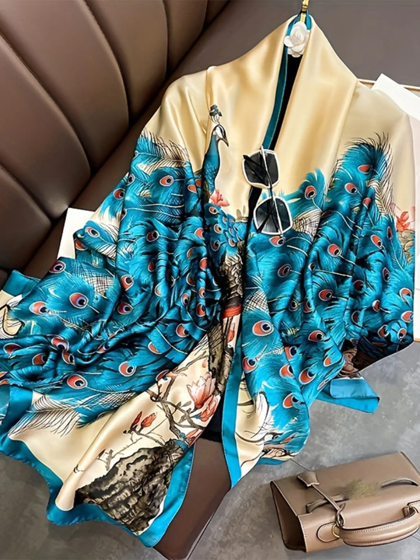 New Chinese style peacock satin square scarf, Scarf Head Wrap, Chinese elegant style, multi-purpose headband/bag decoration/shawl, styling tool