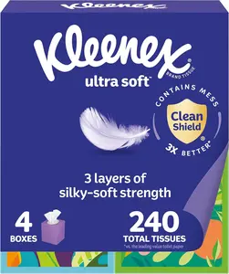 Kleenex Ultra Soft Facial Tissues, 4 Cube Boxes, 60 Tissues per Box, 3-Ply (240 Total), Packaging May Vary