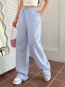 Blue Striped Wide Leg Pants, Casual Lazy Style, Drawstring Waist, Loose Fit, Breathable, Home Commute Women's Long Pants