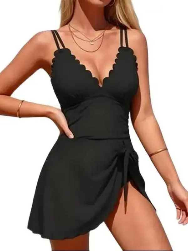 AgeRose Women's Strappy Swim Dress, Solid V-Neck 1 Piece Bathing Suits with Tummy Control and an Adjustable Side Tie Knot, Adjustable Strap Swimdress, One Piece