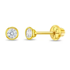 14k Gold Tiny Bezel Set CZ Baby / Toddler / Kids Earrings Safety Screw Back