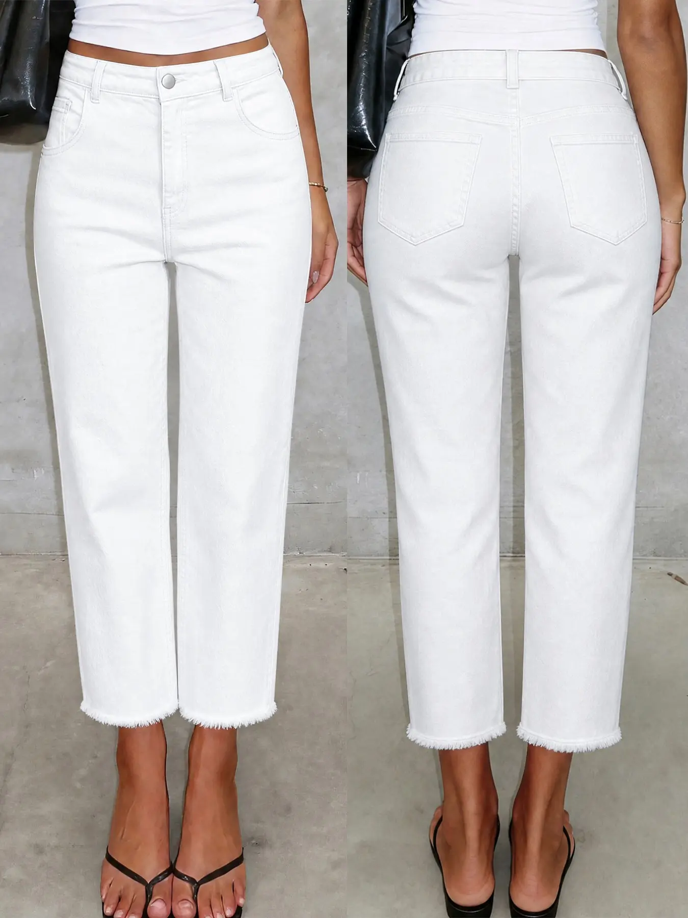 Mid-Waist Straight Leg Jeans, Simple Frayed Edge Design, Frayed Hem, Women's Casual Denim Jeans, Daily Wear Everyday, Fashionable Long/regular Length, Pants