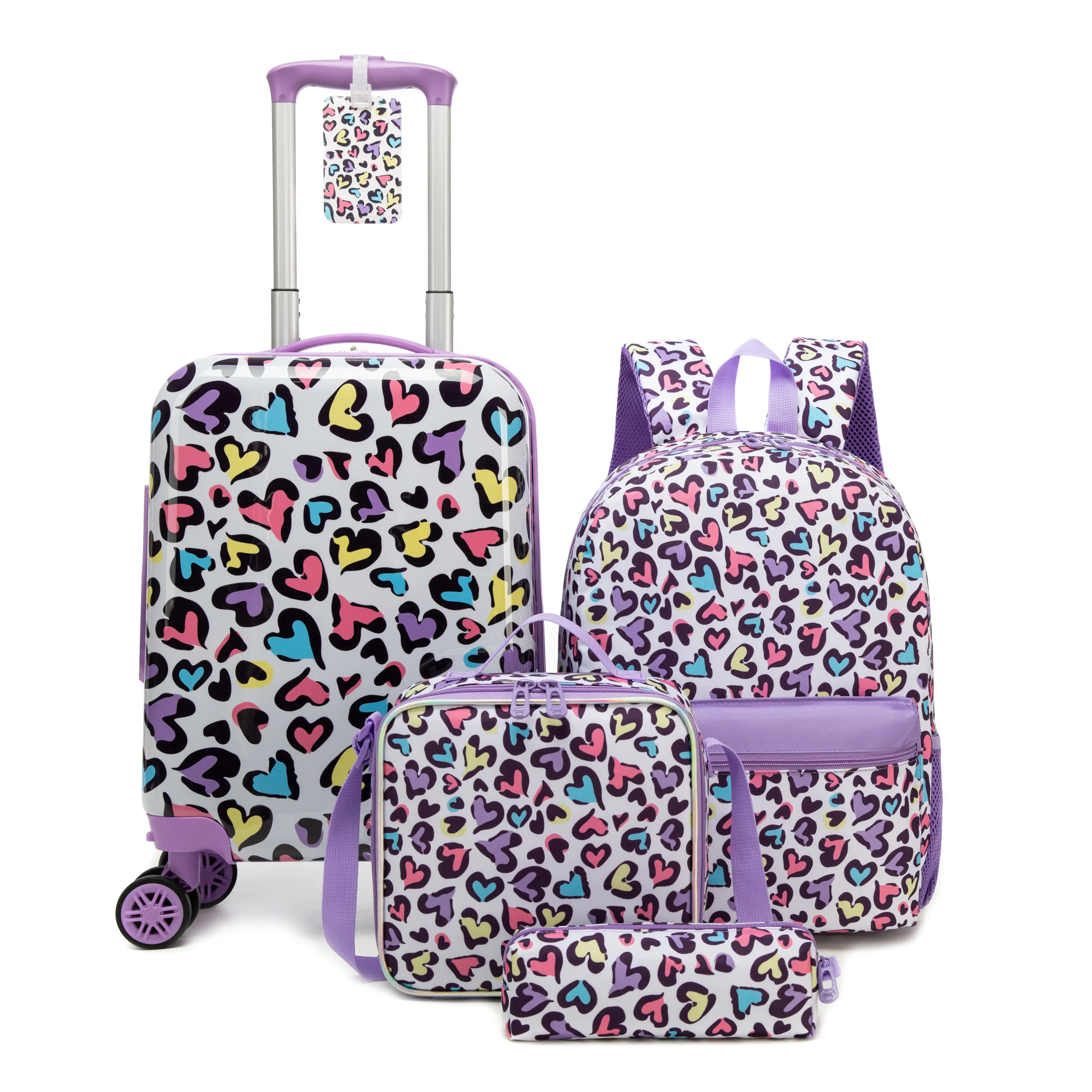 5-Piece Travel Luggage Set for Teen Girls, Cute Hard Shell Design with Purple Leopard Hearts, Includes Hard-Shelled Carry-on & School Bag, Hard-Shelled Carry-On Luggage