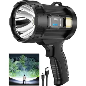 2,000,000 Lumens Rechargeable Spotlight Flashlight, Super Bright Handheld LED Spot Light with Solar Panels, COB Light & 3 Color Filters, IPX5 Waterproof for Camping, Boating, Home