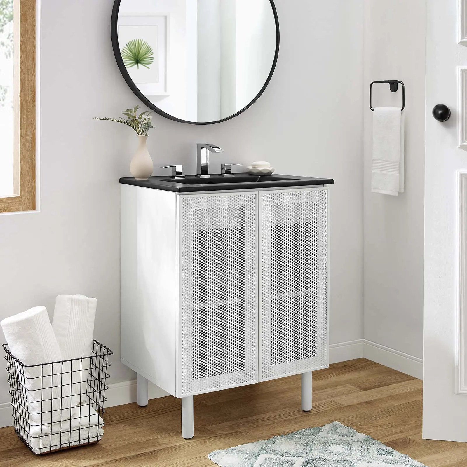 Modway Calla 24" Perforated Metal Bathroom Vanity - Bathroom Sink Cabinet in Black, White