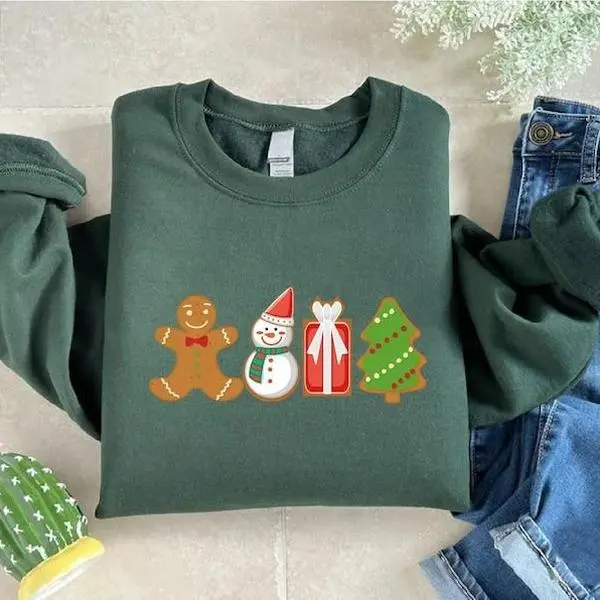 Christmas Cookies Sweatshirt - Women's Xmas Gift with Gingerbread Cookie Design - Festive Tree Crewneck & Snowman Sweater Sweatshirt