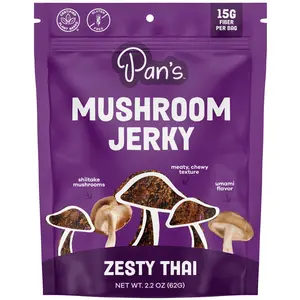Pan's Mushroom Jerky, Organic, Vegan Snacks, Dried Mushrooms Shitake, Plant based Jerky, Meatless Jerky, Gluten Free, High in Fiber, with Zesty Thai flavor (2.2 Ounce, Pack of 1)