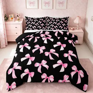 Pink Black Bow Bedding Set for Kids Boys Girls Cute Dreamy Princess Style Comforter Set Ultra Soft Bow Pattern Comforter Bowknot Duvet Quilt Bedroom Decor Bow Quilt