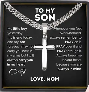 1pc "to My Son" Stainless Steel Cross Pendant Necklace, Birthday Gift, Valentine's Day Gift, Christmas Gift, with Card and Gift Box Packaging, the Perfect Gift for Loved Ones Personalized