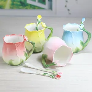 Creative 3D Rose Flower Ceramic Tea Cup Set, 320ML Capacity, Includes Spoon, 4 Colors Available, Uncharged Power Mode