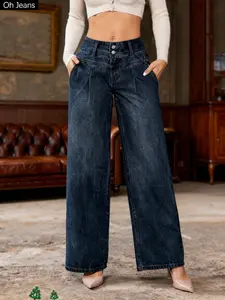 Women's Wide-Leg Loose-Fit Jeans Pants, High-Waisted Button Fly Denim Jeans with Pockets, Fashionable Comfortable Everyday Casual Wear for All Seasons