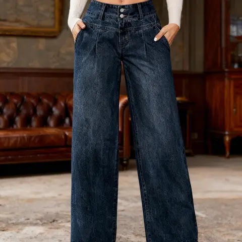 Women's Wide-Leg Oversized Loose-Fit Baggy Jeans Pants, High-Waisted Button Fly Dark Wash Denim Jeans with Pockets, Fashionable Comfortable Everyday Casual Wear for All Seasons, Womenswear Lady Bottom