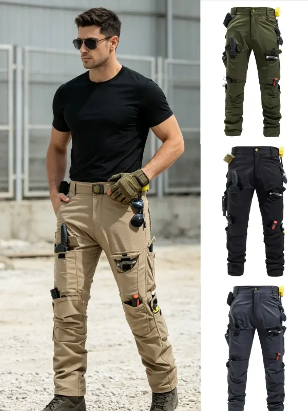 Men’s Plaid Ripstop Tactical Cargo Pants - Menswear Straight Leg Utility Trousers, Water-Resistant Wrinkle-Free Multi-Tool Storage Bottoms with Multi-Compartment Pockets for Mechanic Field Work