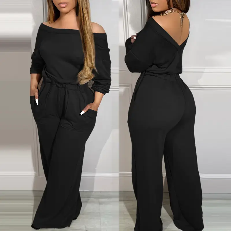 Chicme 2025 Off Shoulder V-Back Stretchy Waist Pocket Design Jumpsuit