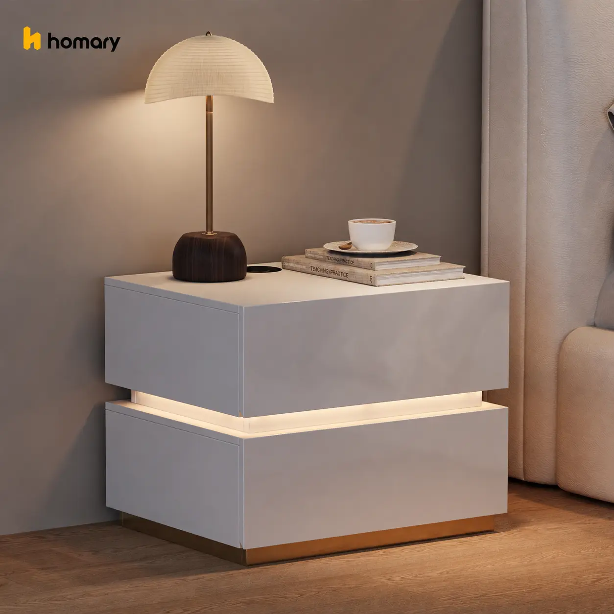 Homary Lumio Modern Rectangle 2-Drawer LED Nightstand - Engineered Wood+Steel Gold Finish Hotel Style Side Storage Bedroom Furniture, Built-In Charging Station with USB Ports & Wireless Hub, Drawer Storage, Assembly Required