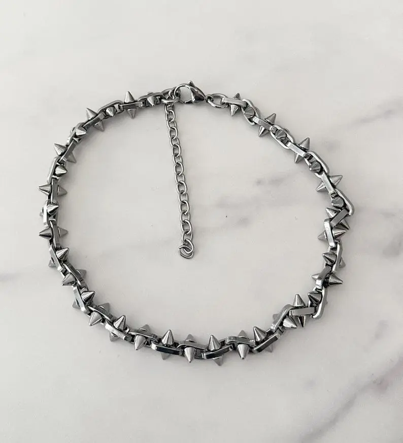 SPIKED LUXE Stainless Steel Spike Chain Choker Necklace - Chunky Silver Unisex Y2K Gothic Punk Alternative Statement Costume Jewelry