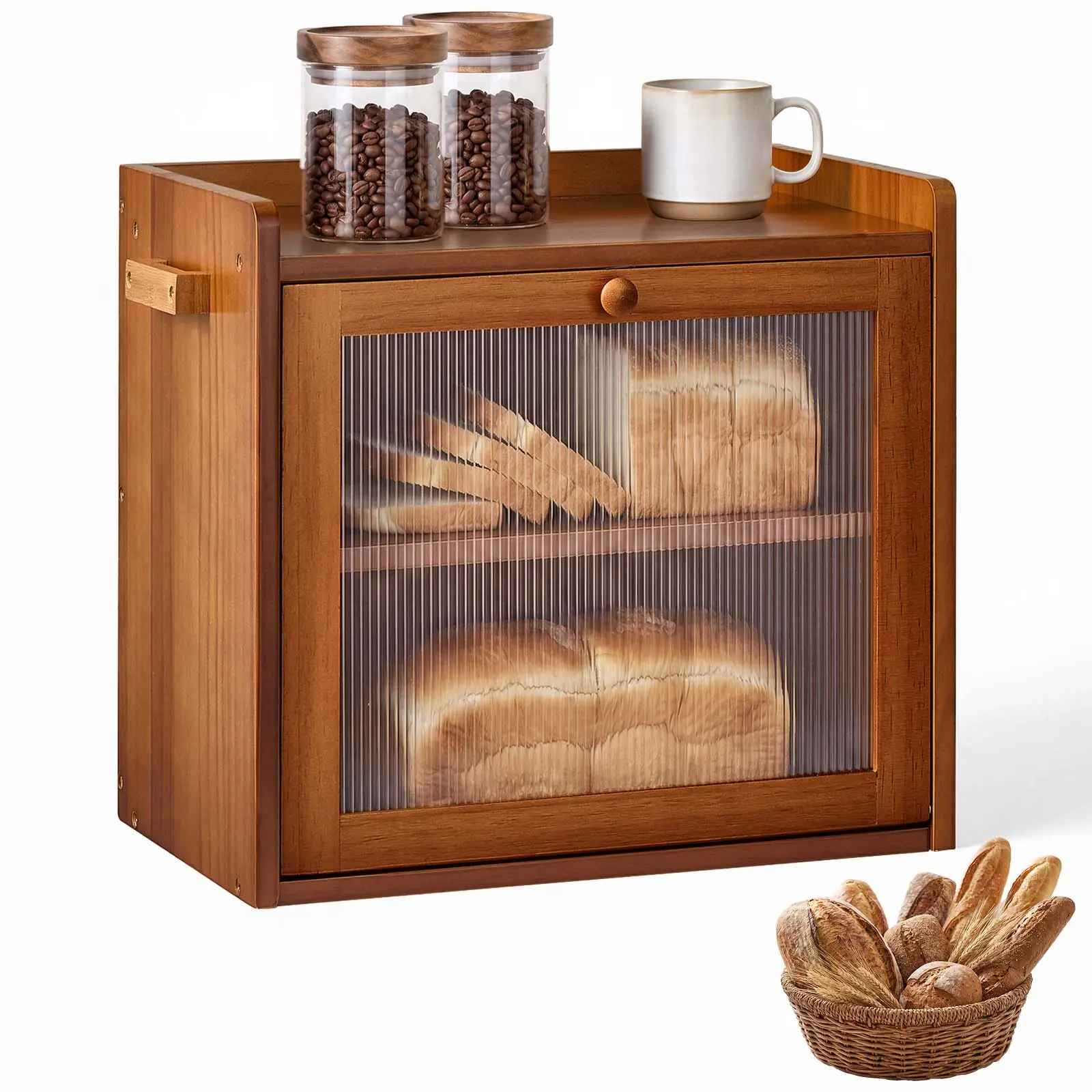 VEVOR Wooden Bread Box for Kitchen Counter - Compact Double Layer Farmhouse Bin with Acrylic Door Panel, Air Vents - Ideal for Homemade Bread, Under Cabinet Storage