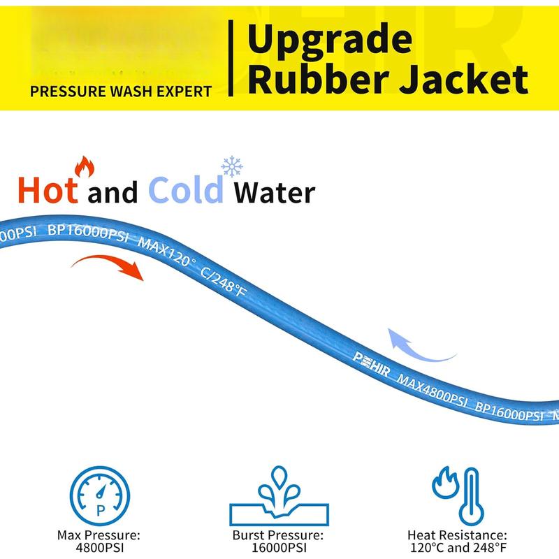 Washer Hose 50FT 3/8" for Cold & Hot Water (Up to 248?) 4800 PSI Kink Resistant Industrial Grade Steel Wire Braided QC Ends with 2 M22-14mm to 3/8" Adapters for Professional and Home