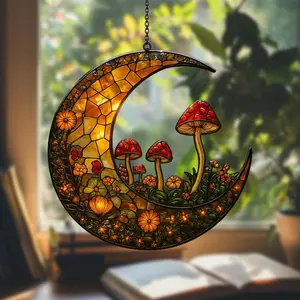 Enchanted Crescent Moon Suncatcher with Mushrooms and Flowers, Acrylic Window Hanging Art, Fairycore Cottagecore Room Decor, Magical Sun Catcher Gift for Women Home Decor