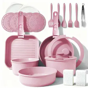 【TM】24-Piece Non-Stick Cookware Set Induction-Compatible Kitchen Cookware Set Includes Skillet/Wok/Soup Pot/Steak Pan Removable Handles Home & RV Kitchen Set Stackable Kitchen Accessories Easy to Clean Multiple Available
