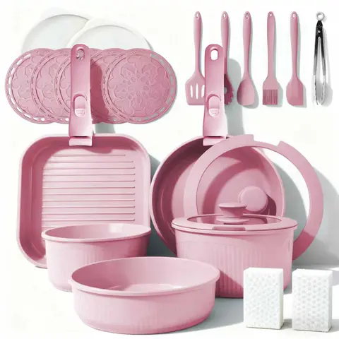 【TM】24-Piece Non-Stick Cookware Set Induction-Compatible Kitchen Cookware Set Includes Skillet/Wok/Soup Pot/Steak Pan Removable Handles Home & RV Kitchen Set Stackable Kitchen Accessories Easy to Clean Multiple Available