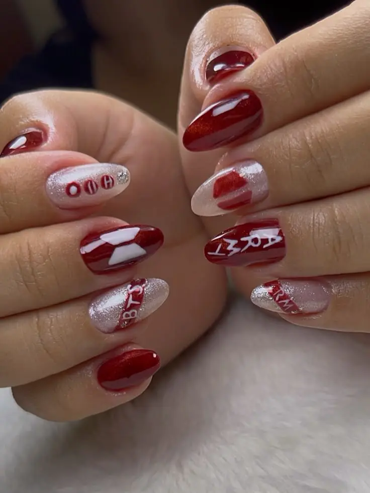 ARIANG Red Silver K-Pop Fan Press On Nails, Glossy Almond Fake Nails with Music Graphic & Glitter Accents, Concert Night Nail Set