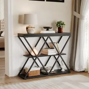 Garvee 3-Tier Entryway Table with X-Shaped Metal Frame, Industrial Console Sofa Table with Storage, Accent Table with Open Shelves, Foyer Table for Entryway, Hallway, Black