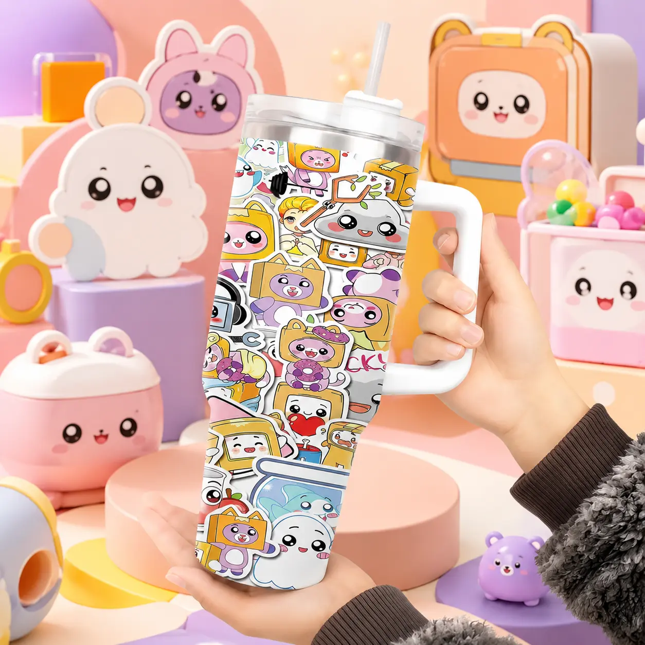 LankyBox Kids 40oz Stainless Steel Vacuum Flask - Leak-Proof, Heat Resistant, Modern Travel Mug with Handle, Fun Cartoon Print Stickers, Keeps Drinks Hot 12H/Cold 24H, Ideal for School & Outdoor Use