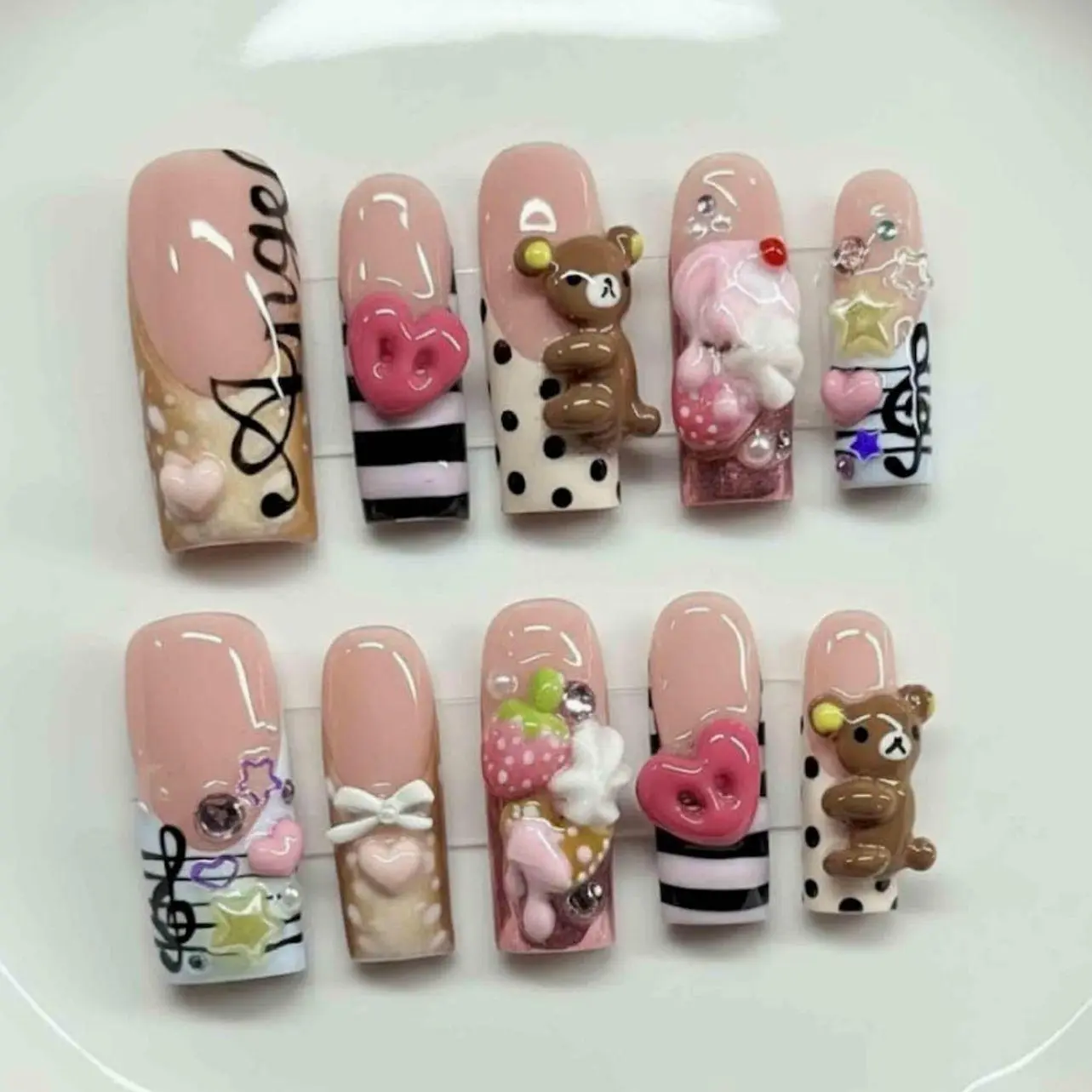milo.nail&care Handmade 3D Press-On Nails, Bear Charm, Heart Accent & Graphic Music Detail, Reusable Cute Statement Nail Set for Concert Season