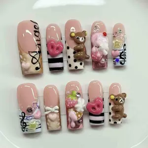 milo.nail&care Handmade 3D Press-On Nails, Bear Charm, Heart Accent & Graphic Music Detail, Reusable Cute Statement Nail Set for Concert Season
