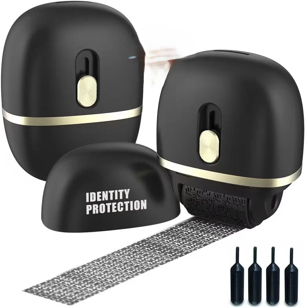 Identity Protection Roller Stamps 2 Pack with 4 Refills Confidential Stamp for ID Blockout Privacy Security Black