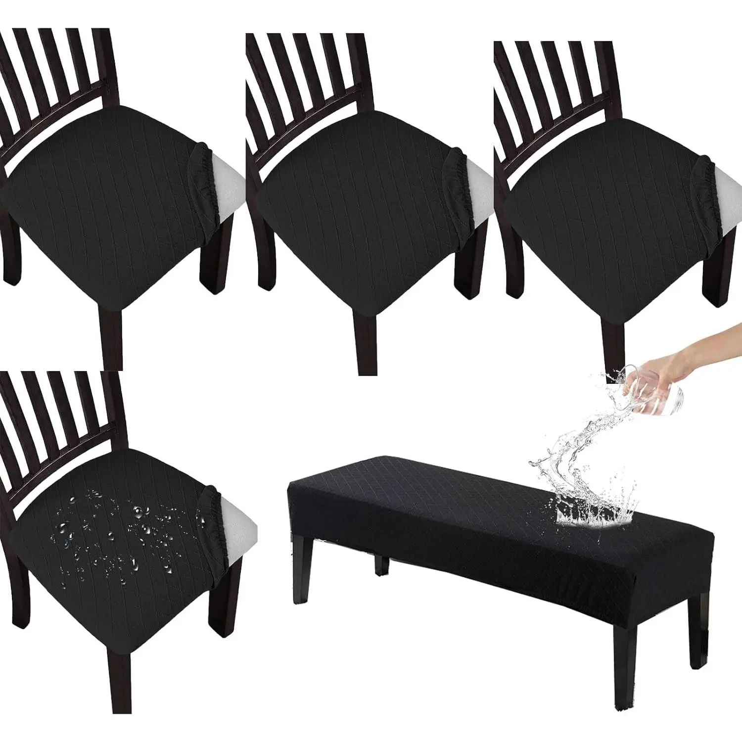 Waterproof Seat Covers for Dining Room Chairs Set of 4 with Dining Bench Cover Jacquard Washable Chair Covers Removable Kitchen Chair Cushion Slipcovers Protector for Dining Room