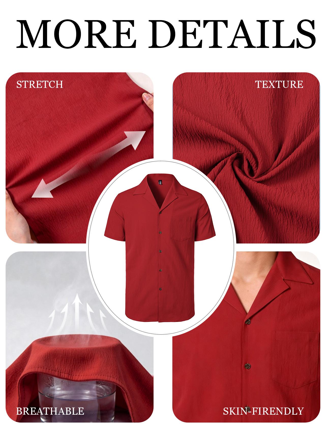 JEMITOP Men's Casual Menswear Cuban Collar Shirt with Pocket, Plain Stretch Button Down, Light, Soft, Breathable for Summer Vacation, Short Sleeves, Pocket Detail, Button Up, Wedding, Chic, Work, Buttoned