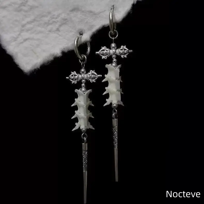 Antiqued Spine Bone Tassel Huggie Ear Cuffs, Dark Gothic Unique Skeleton Dangle Earrings for Alternative Daily Wear
