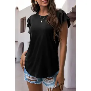 Ruffled Round Neck Cap Sleeve Blouse Basic Shirts Spandex Top