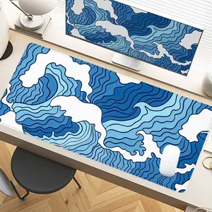 Blue Wave Abstract Art Desk Pad Gaming Mousepad XXL Mouse Pad For Laptop Desk Mouse Pad Extra Large With Non-Slip Rubber Base Stitched Edges Surface For PC Gamers Office Workers & Home Use As Holiday Gift