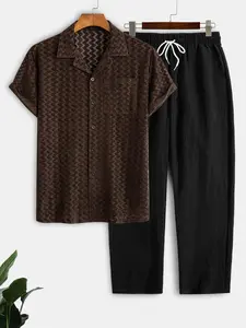 Men's Knit Jacquard Short Sleeve Shirt & Lyocell Linen Blend Pants Set, 2 Piece Breathable Summer for Beach Daily Vacation