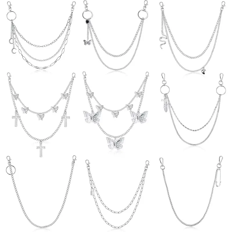 FLORIDECO 9Pcs Pants Chain For Women Men Butterfly Lock Charm Punk Goth Hip Hop Rock MultiLayer Belt Chain Wallet Chain Pocket Chain Baby K Nose Ring Pendants Jewelry